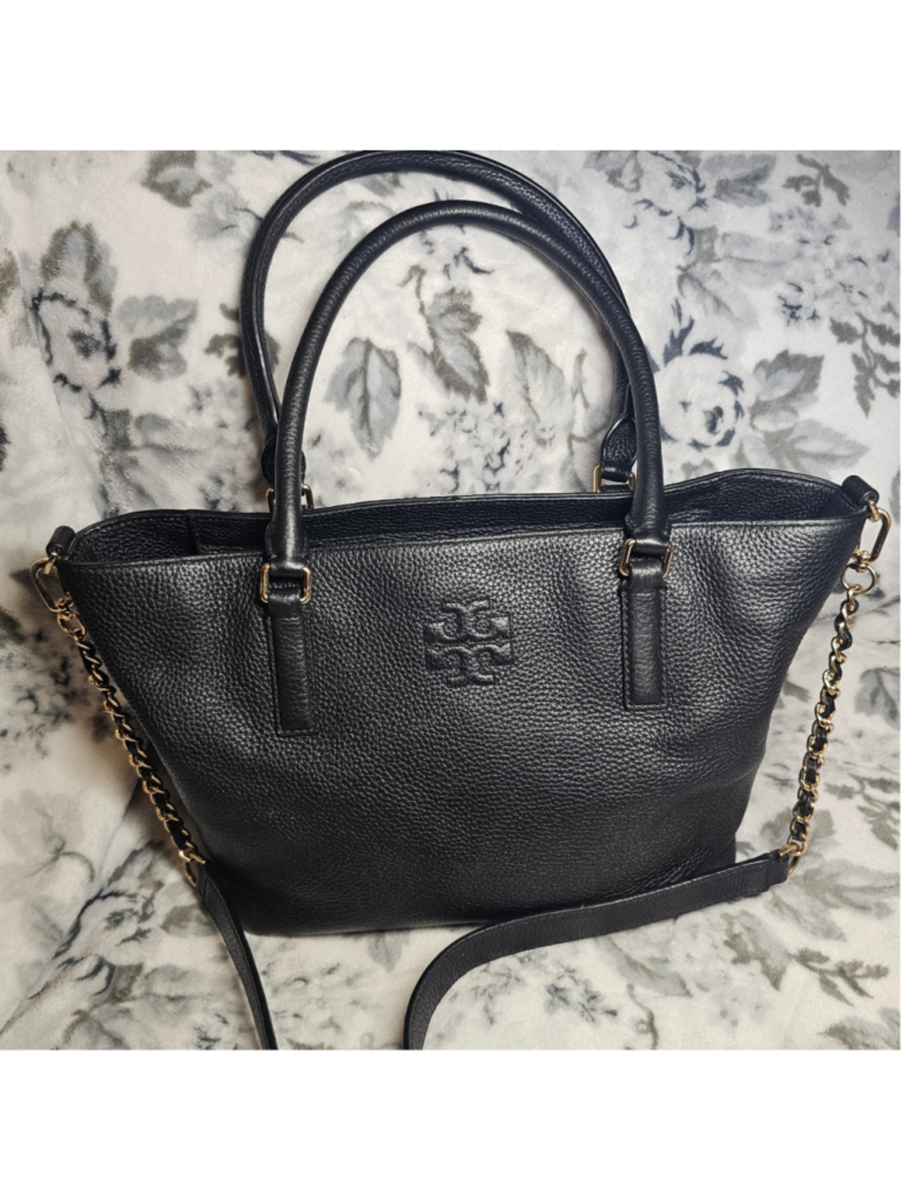 Tory Burch Black Pebbled Leather Britten Convertible Tote Bag